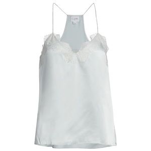 Cami NYC racerback camisole with scalloped eyelash lace trim. Scalloped V-neck